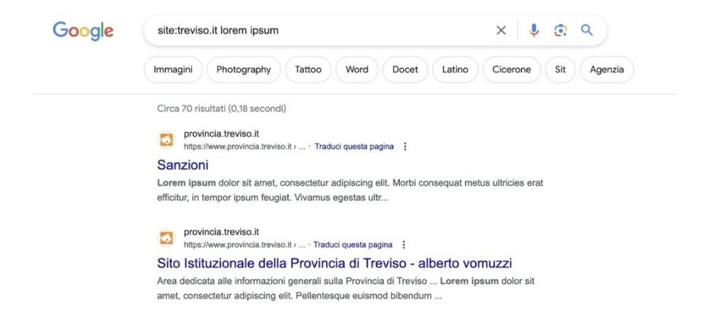Esempio comando site: insieme al dominio